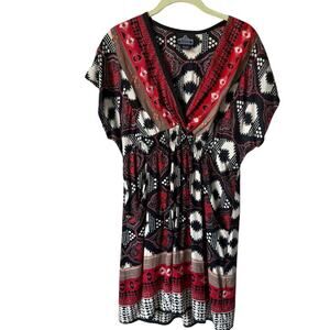 Angie Smocked Waist V-neck Lightweight Red and Black Patterned Dress Size Large